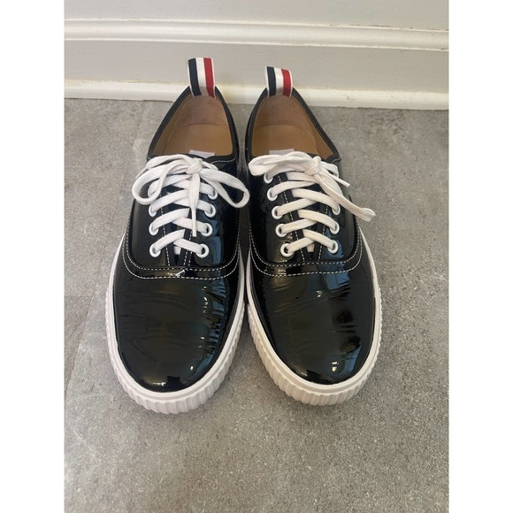 Women's Thom Browne Soft Patent Leather Heritage Black Sneaker Size 11 - Picture 2 of 16